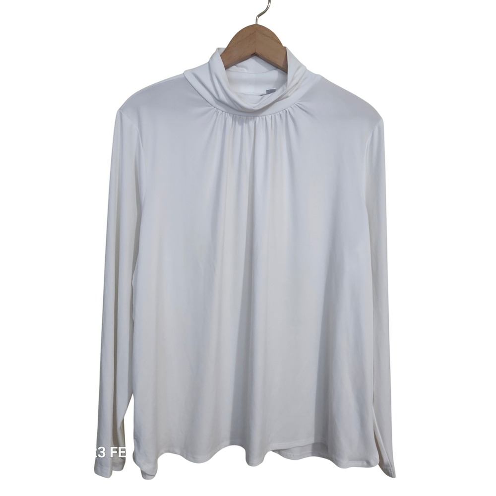 Susan Graver Liquid Knit Top Women XL White Mock Neck Ruched Long Sleeve Top